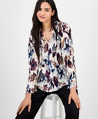 Anne Klein Women's Printed Pleated Split-Neck Blouse