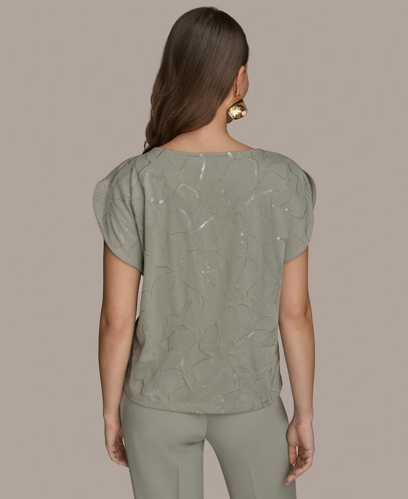 Donna Karan New York Women's Short-Sleeve Embroidered Sequined Top