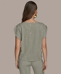 Donna Karan New York Women's Short-Sleeve Embroidered Sequined Top