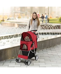 Gymax 4 Wheel Pet Stroller w/ Storage Basket & Tray Adjustable Canopy Pets