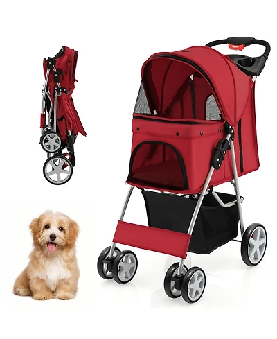 Gymax 4 Wheel Pet Stroller w/ Storage Basket & Tray Adjustable Canopy Pets