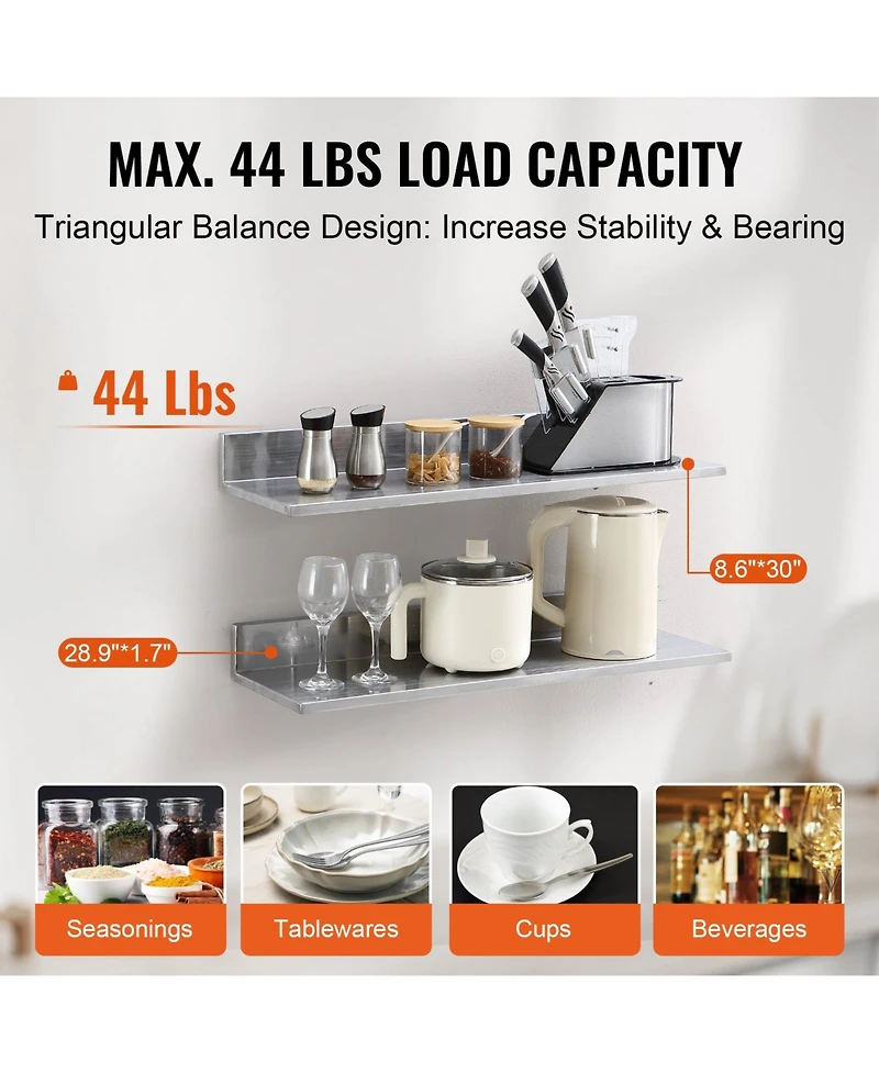 Slickblue 2 Pack Stainless Steel Wall Shelf with Backsplash 44 lbs Load for Kitchen Bar or Hotel