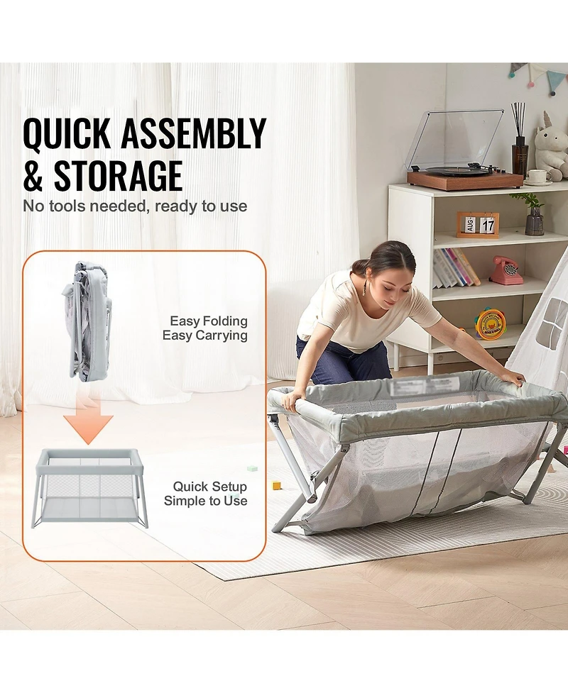 Baby Travel Crib Play Yard Folding Baby Toddler Playpen with Zipper Gate