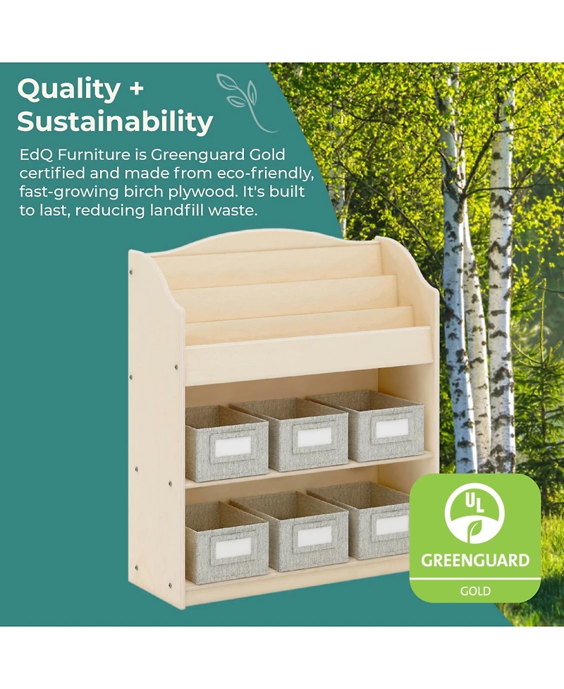 Guidecraft EdQ Book and Bin Browser - Natural: Children's Tall Wooden Bookshelf to Display Organize Kids' Books Playroom