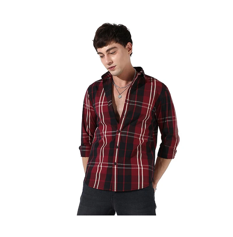Campus Sutra Men's Plaid Red Cotton Shirt