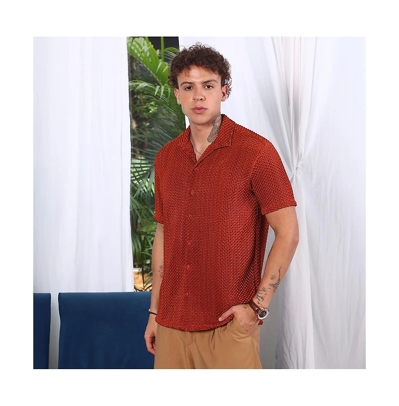 Campus Sutra Men's Terracotta Brown Puffy-Textured Shirt