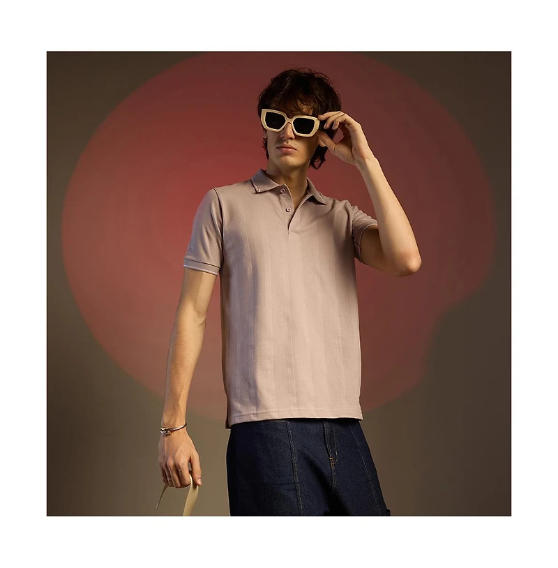 Campus Sutra Men's Blush Pink Lined-Knit Polo T-Shirt