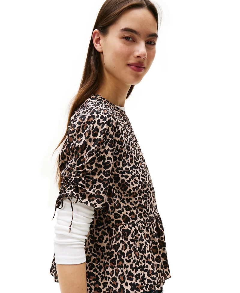 Tommy Jeans Women's Leopard-Print Tie-Sleeve Blouse