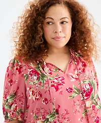 Style & Co Plus Floral Printed Puff-Sleeve Blouse, Macy's Exclusive
