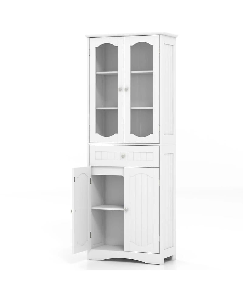 Bathroom Storage Cabinet with 2 Glass Doors and Adjustable Shelves Drawer