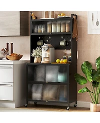 Slickblue 5 Tier Kitchen Bakers Rack with Lights Multifunctional Microwave Stand Flip Door Cabinets