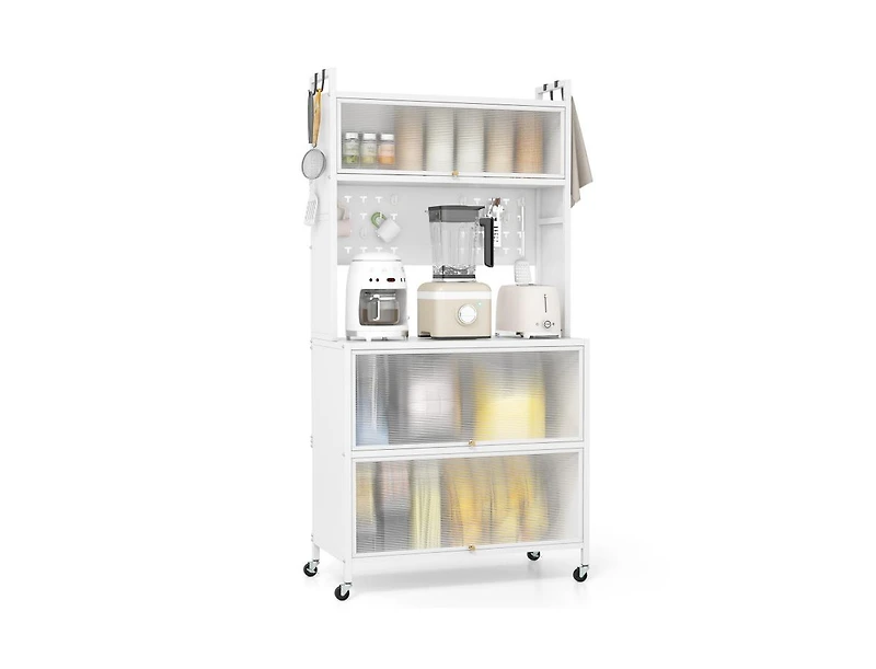 Slickblue 5 Tier Kitchen Bakers Rack with Lights Multifunctional Microwave Stand with Flip Door Cabinets