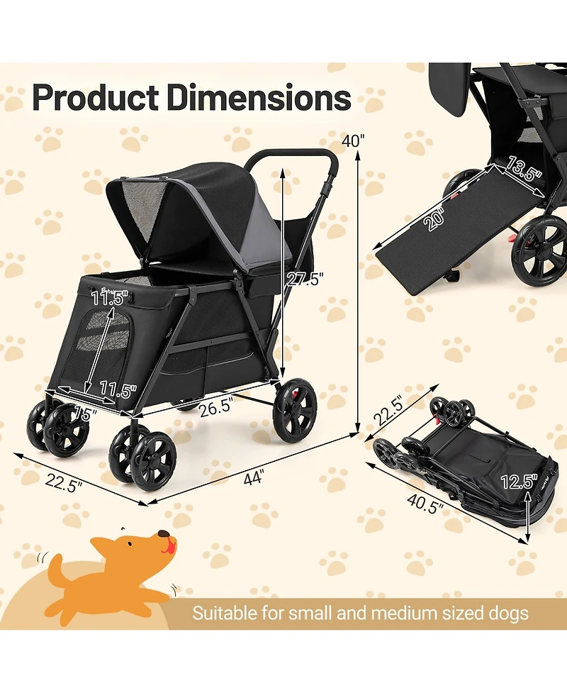 Gymax Dog Stroller for Small Medium Dogs w/ Dual Entry Ramp All-Terrain Wheels