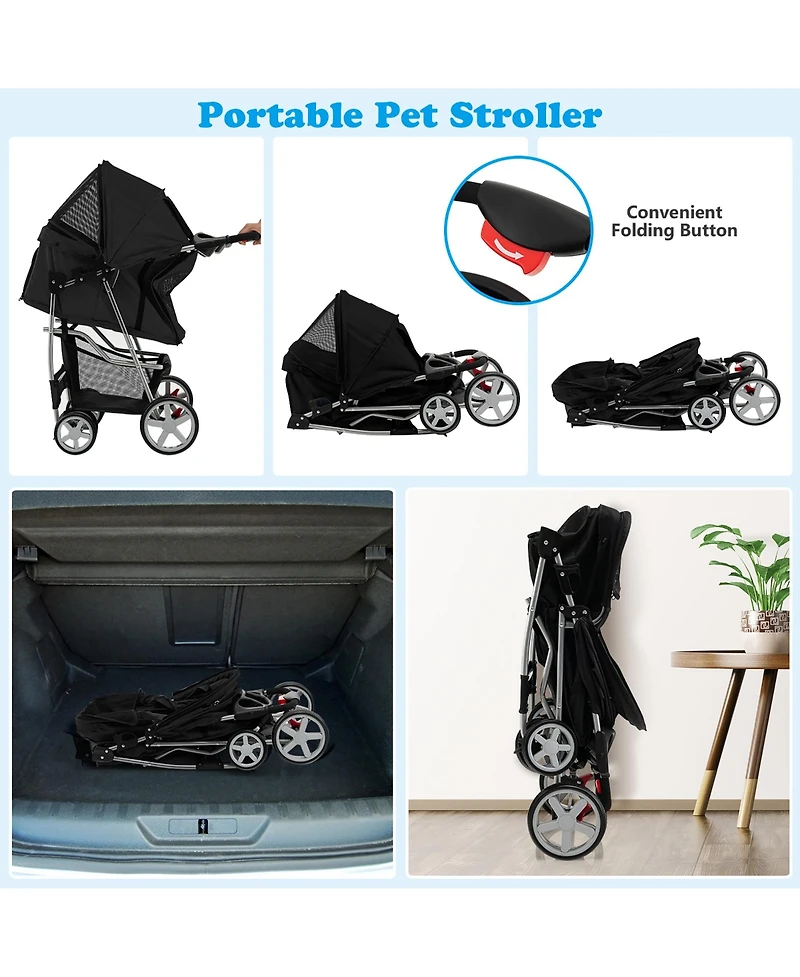 Gymax Folding Pet Stroller 4-Wheel Travel Carrier w/Storage Basket