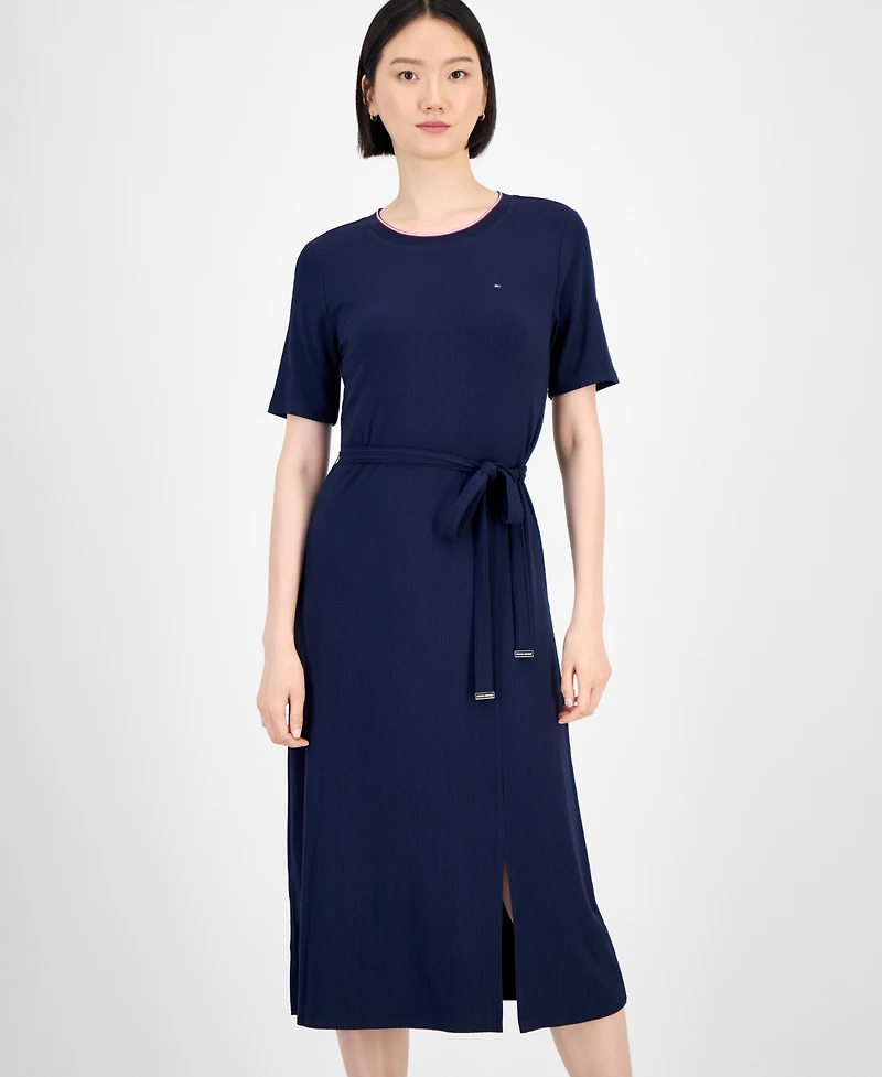 Tommy Hilfiger Women's Ribbed Belted Short-Sleeve Midi Dress