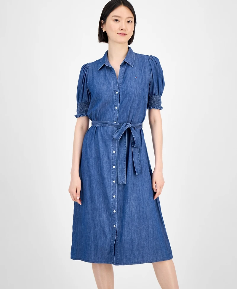Tommy Hilfiger Women's Chambray Puff-Sleeve Midi Dress