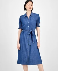 Tommy Hilfiger Women's Chambray Puff-Sleeve Midi Dress