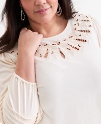 Style & Co Plus Broderie Anglaise 3/4-Sleeve Top, Macy's Exclusive