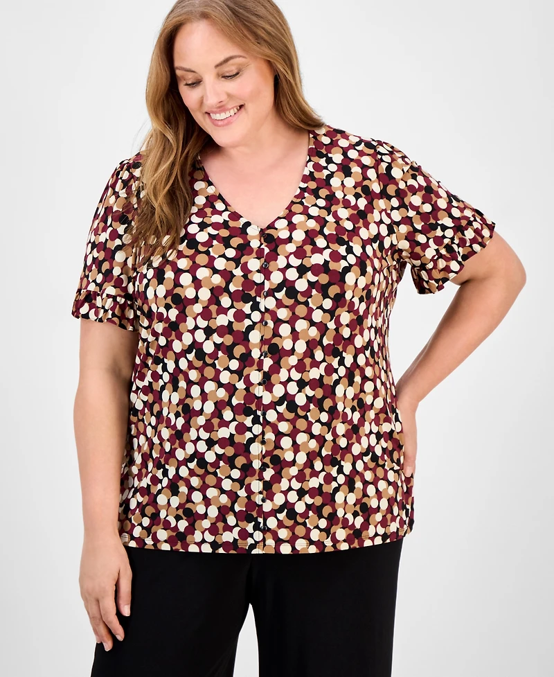 Ak Anne Klein Plus Dot-Print Short-Sleeve Button-Up Top
