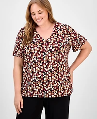 Ak Anne Klein Plus Dot-Print Short-Sleeve Button-Up Top