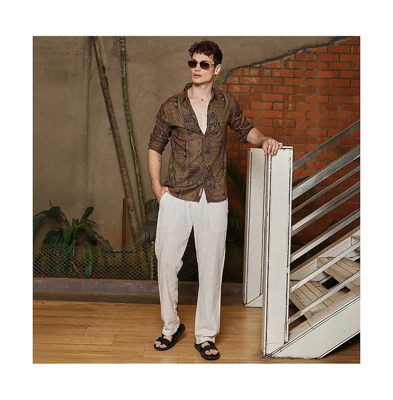 Campus Sutra Men's Peanut Brown Aztec-Imprint Shirt