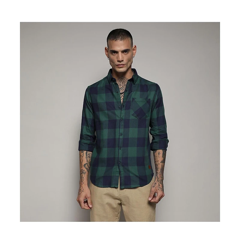 Campus Sutra Men's Navy Blue & Forest Green Buffalo Check Shirt