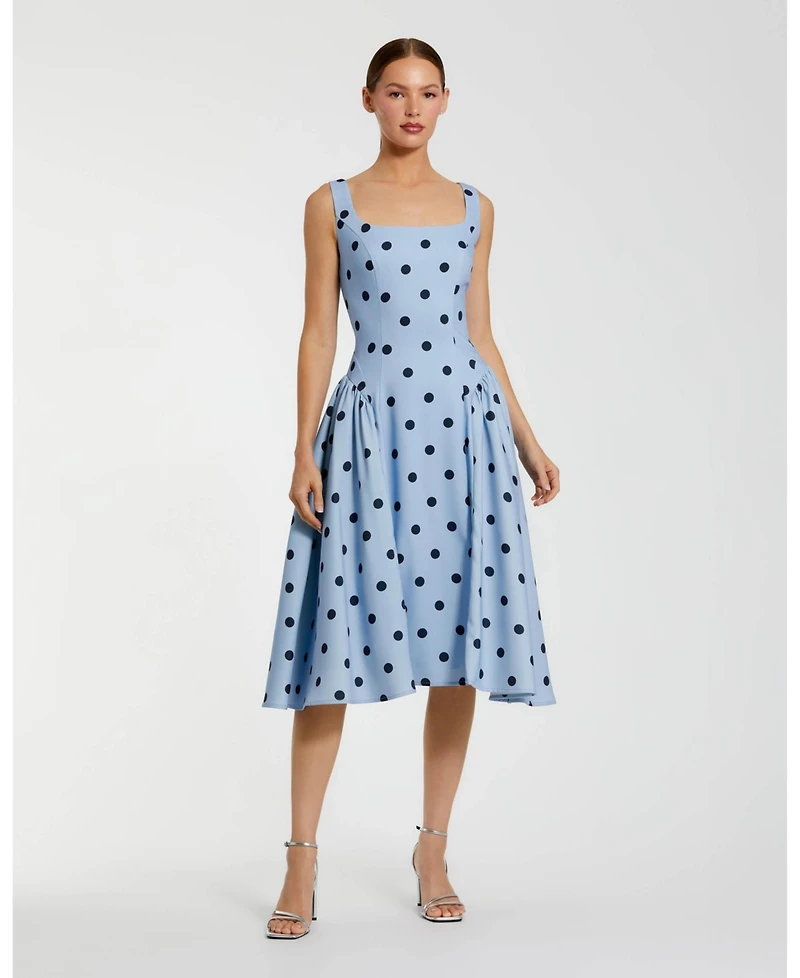 Mac Duggal Women's Polka Dot A-Line Midi Dress with Square Neck and Ruffle Gussets