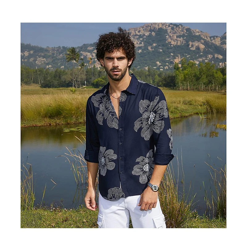 Campus Sutra Men's Navy Blue Maxi-Flora Shirt