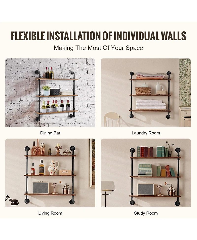 Slickblue 3 Tier Industrial Pipe Wall-Mount Shelf for Kitchen Bedroom and Living Space