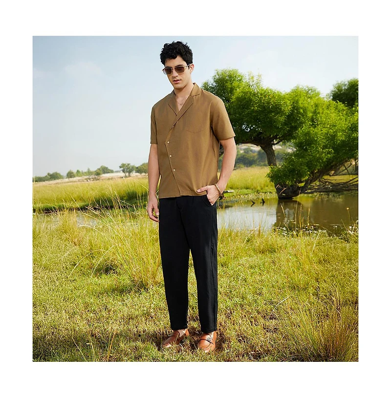 Campus Sutra Men's Camel Brown Asymmetrical Cuban Shirt