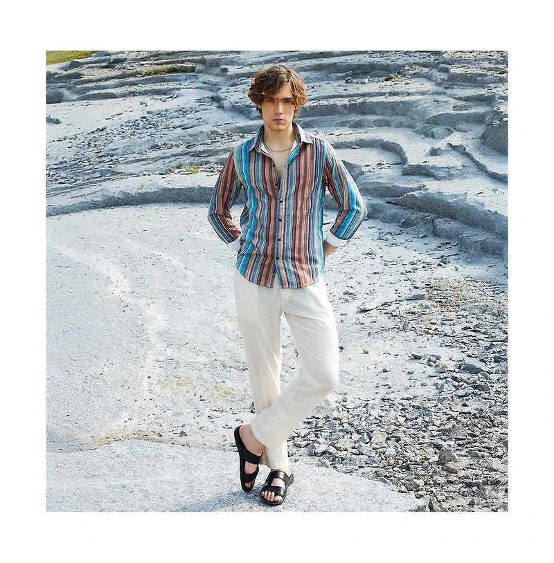 Campus Sutra Men's Azure Blue & Chocolate Brown Multitrack-Striped Shirt