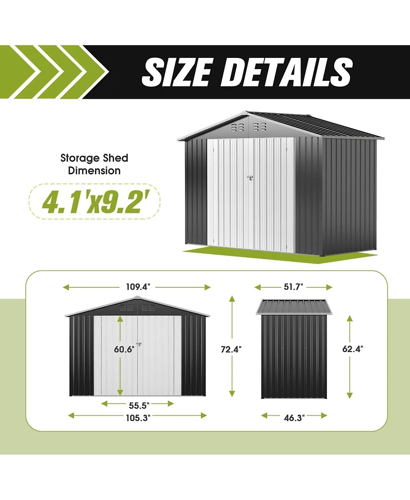 Mondawe 4.1"x9.2" Outdoor Storage Shed, Huge Metal Shed with 2 Double Hinged Doors