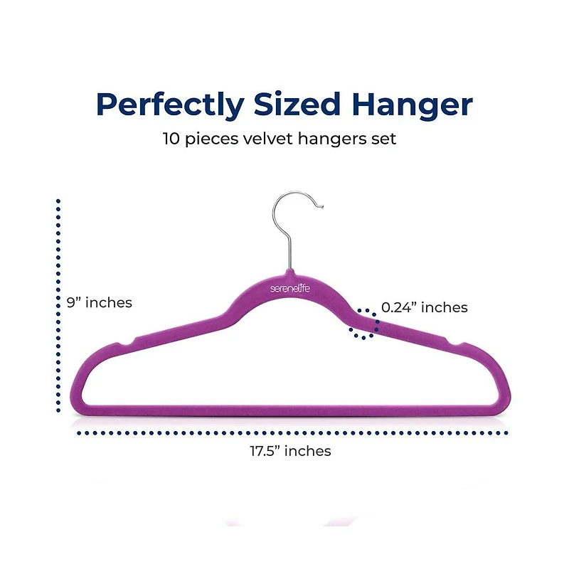 SereneLife 10 Pcs. Velvet Hangers - Non-Slip, Sturdy, and Heavy Duty Coat Set with 360° Swivel Hook for Clothes (Purple)