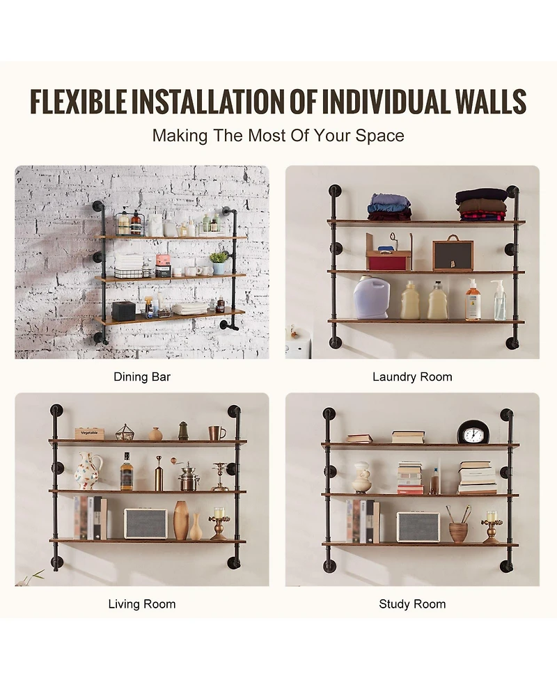 Slickblue Industrial Pipe Wall-Mounted Shelf 3 Tier Storage Rack for Kitchen and Bedroom