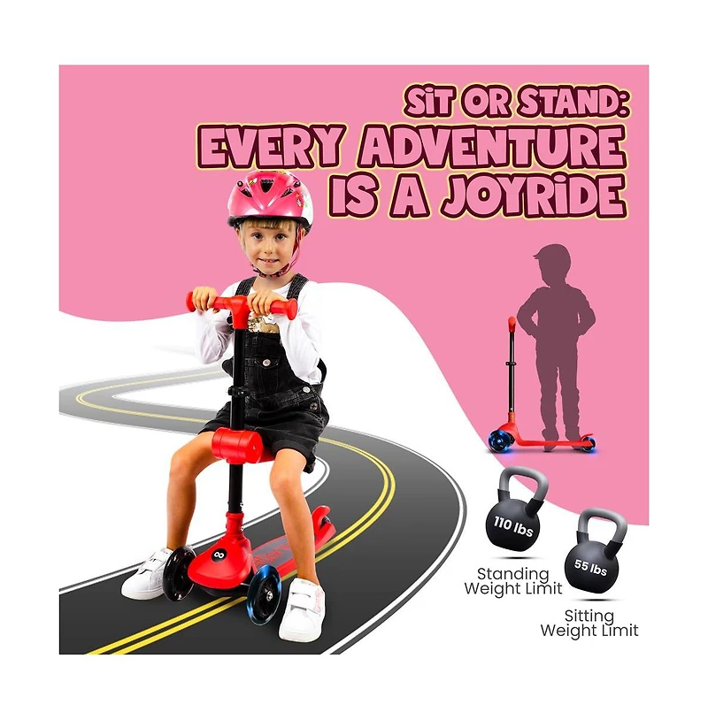 3-Wheel Foldable Kids Scooter - Child Toy Scooter with Built-in Led Wheel Lights, Foldable Seat, and Easy Maneuvering Lean-to-Steer Technology (Red)