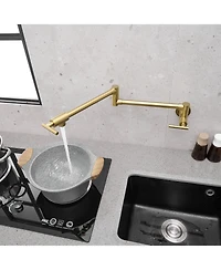 Greenspring Wall Mount Pot Filler Faucet Double-Handle Folding Kitchen Restaurant Sink with Dual Joint Swing Arm Commercial Gold