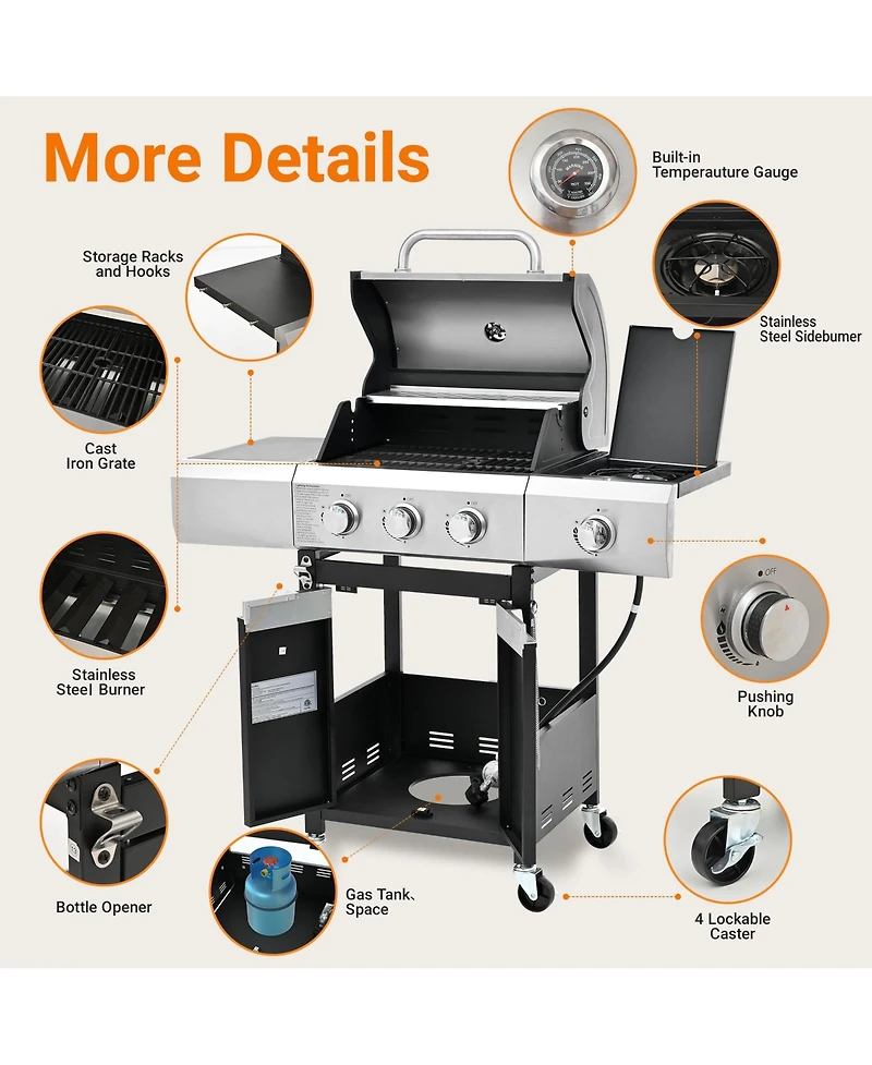 Mondawe 3 Burner 40,500 Btu Stainless Steel Outdoor Barbecue Gas Grillwith Side Burner and Cover