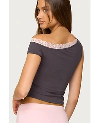 Edikted Women's Contrast Lace Asymmetric Off Shoulder Top