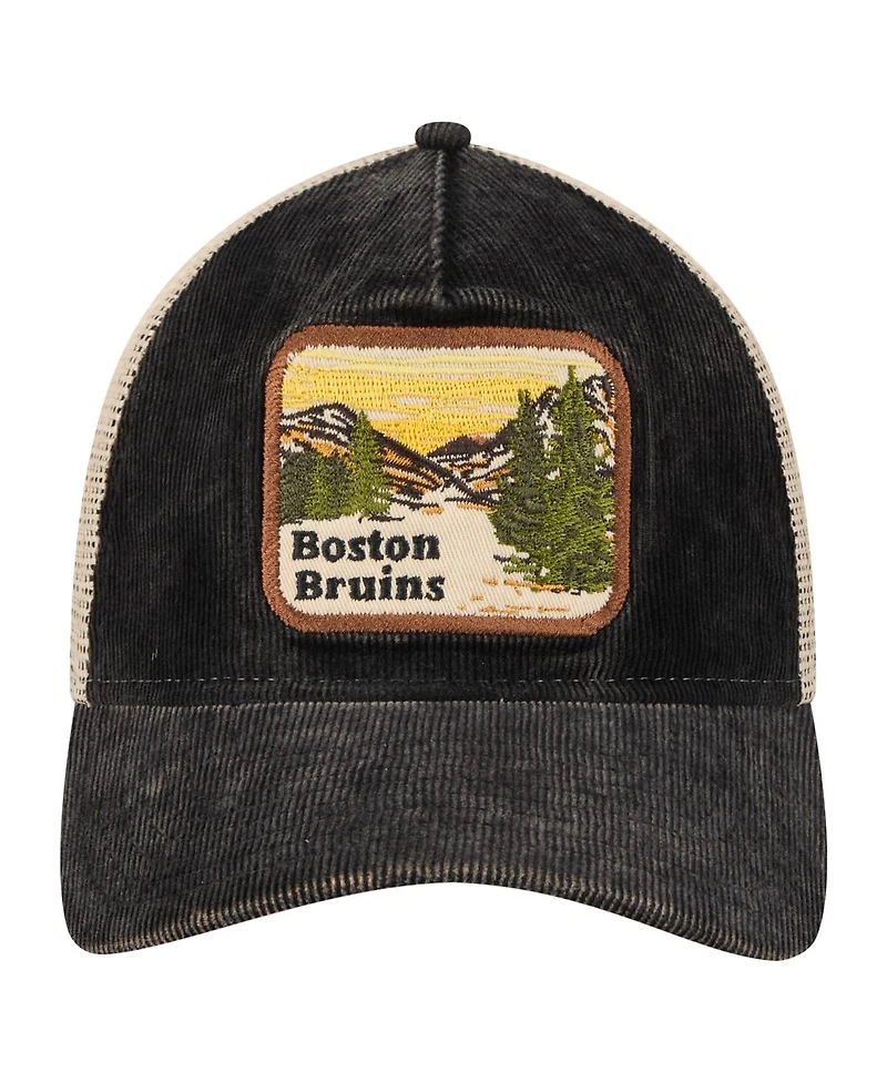 New Era Men's Black/Cream Boston Bruins Vintage Landscape 9TWENTY A-Frame Adjustable Trucker Hat