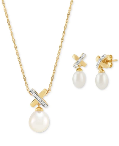 2-Pc. Set Cultured Freshwater Pearl (6 & 8mm) and Diamond Accent X Pendant Necklace & Matching Drop Earrings in 14k Gold-Plated Sterling Silver