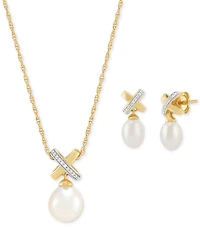 2-Pc. Set Cultured Freshwater Pearl (6 & 8mm) and Diamond Accent X Pendant Necklace & Matching Drop Earrings in 14k Gold-Plated Sterling Silver