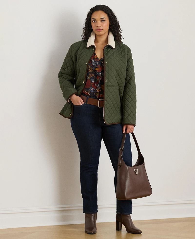 Lauren Ralph Plus Faux-Sherpa-Collar Quilted Coat