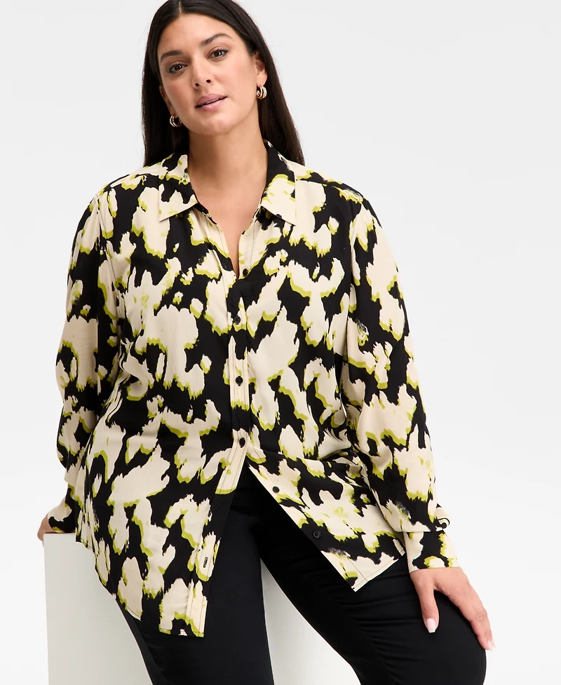 I.n.c. International Concepts Plus Printed Blouson-Sleeve Button-Front Shirt, Macy's Exclusive