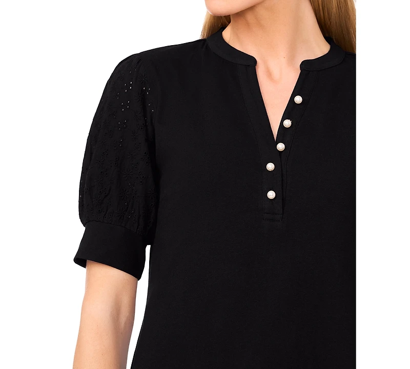 CeCe Women's Cotton Puffed-Sleeve Mixed-Media Top