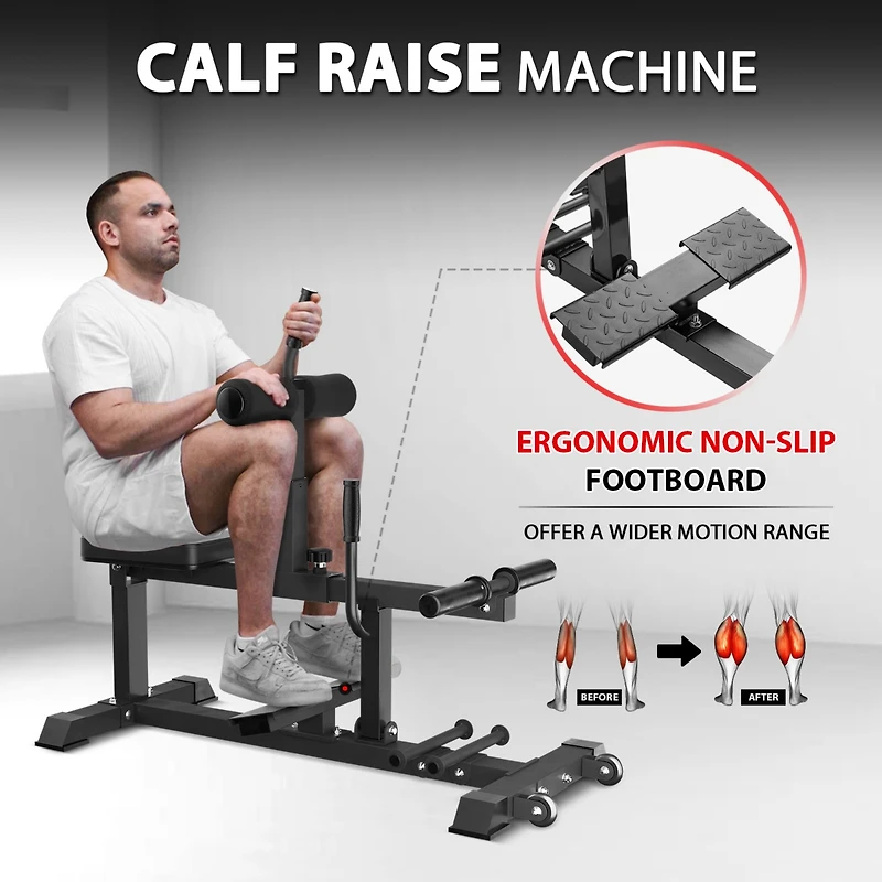 Mikolo Adjustable Seated Calf Raise Machine - Home Gym Leg Trainer with Band Pegs & Weight Plate Loading Red)