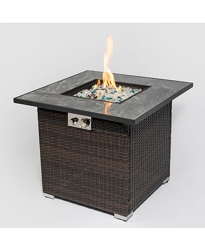 Flynama 30inch Outdoor Fire Table Propane Gas Fire Pit Table with Lid Gas Fire Pit Table with Glass Rocks and Rain Cover