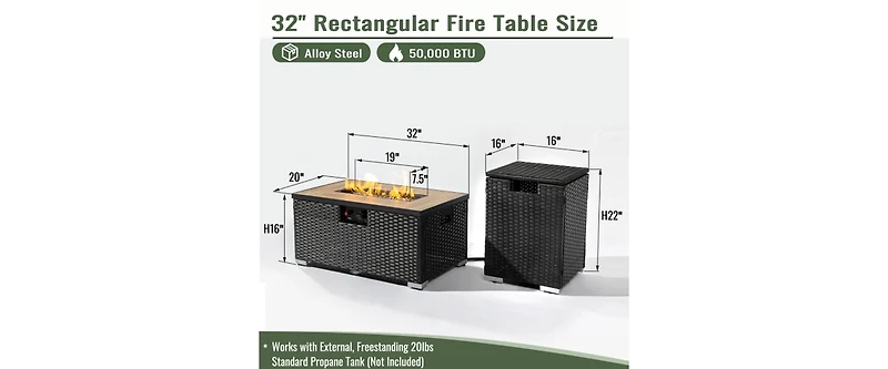 32 Inch Rectangular Wicker Fire Pit Table with 50000 Btu Burner and Ceramic Top