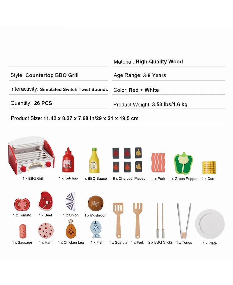 Slickblue 26 Piece Kids Bbq Grill Playset Wooden Pretend Cooking Toy Set with Sound Effects