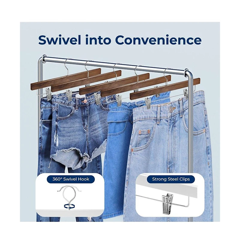 SereneLife 30 Pcs. Premium Wooden Pants Hangers - Heavy Duty Hanger Set with Chrome 360° Swivel Hook (Retro)