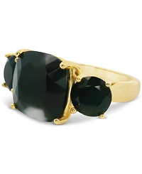 Black Onyx Cushion & Round Triple Stone Statement Ring in 14k Gold-Plated Sterling Silver